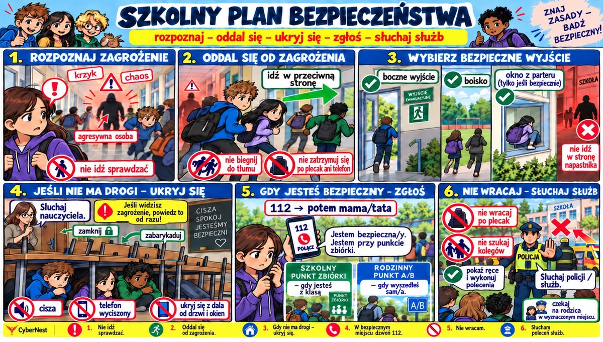 Plakat Szkolny Plan Bezpieczeństwa w formie komiksu, sześć kroków od rozpoznania zagrożenia do słuchania poleceń służb